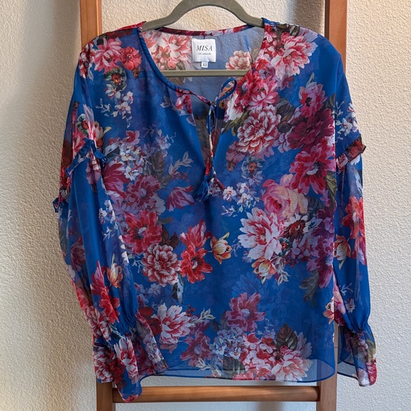 Misa Los Angeles, sheer Blue Floral Women's Top - Picture 1 of 8